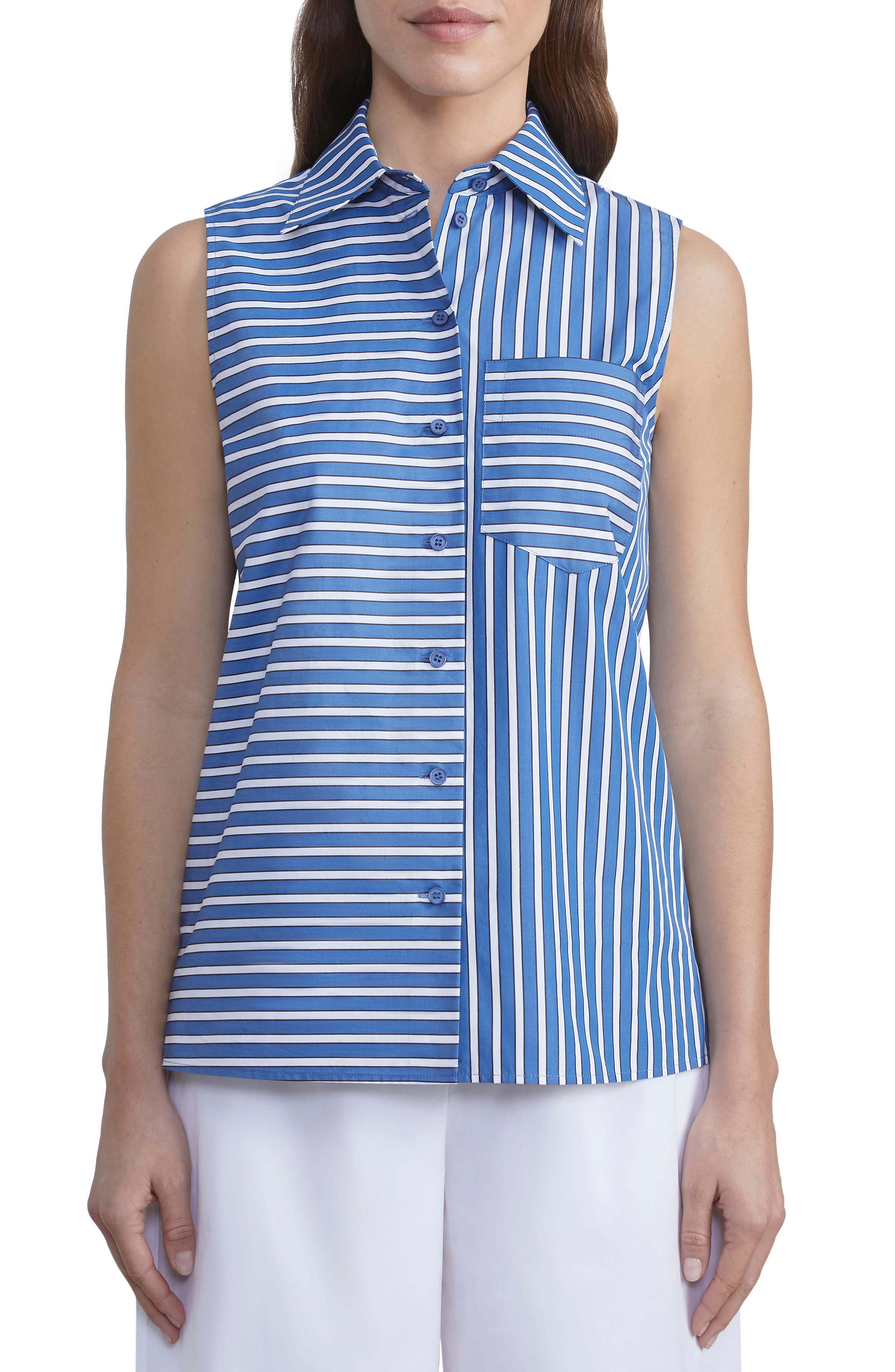 Lafayette 148 New York Stripe Sleeveless Cotton Button-Up Shirt