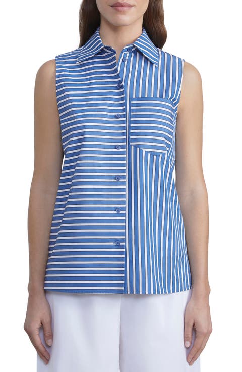 Stripe Sleeveless Cotton Button-Up Shirt
