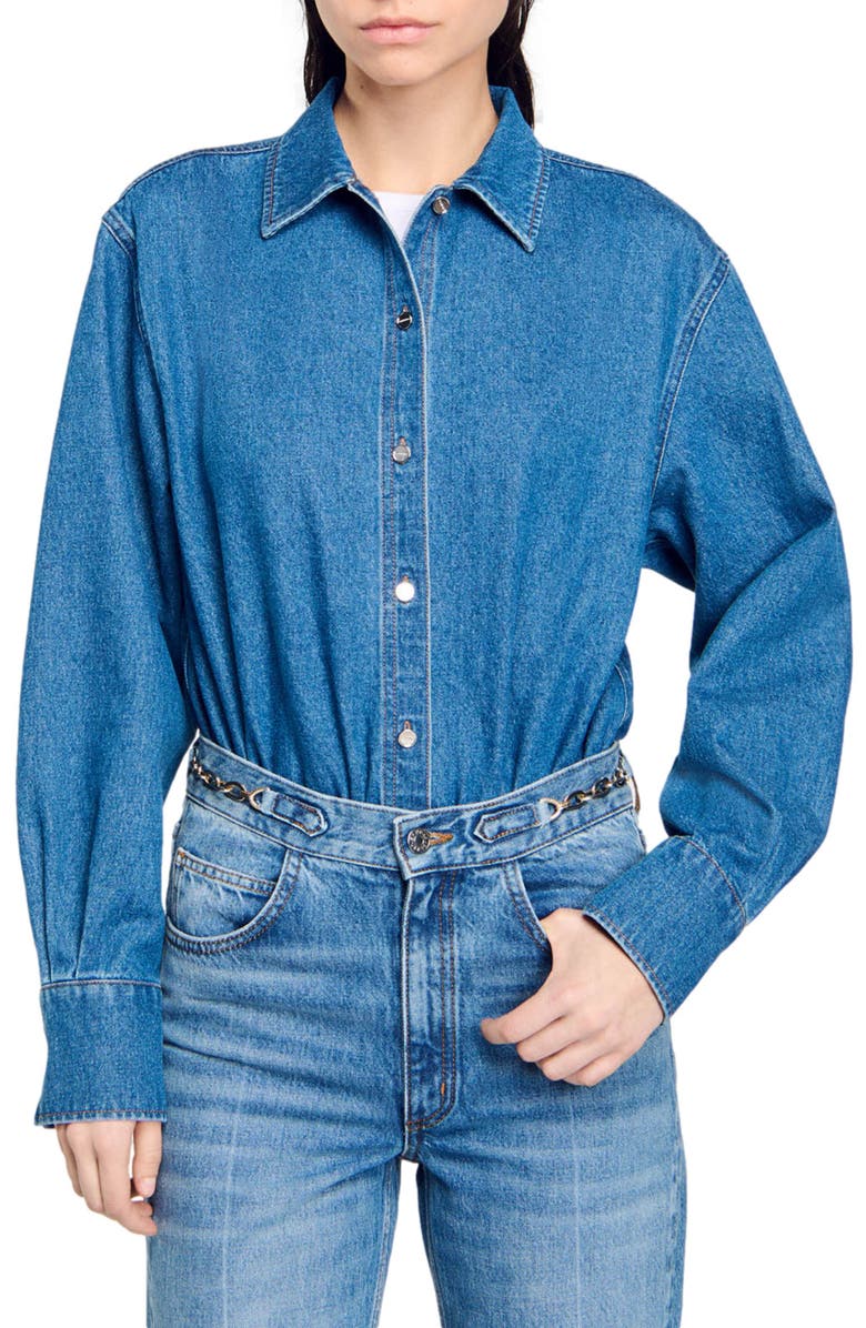 SANDRO Denim shirt bodysuit, Main, color, 