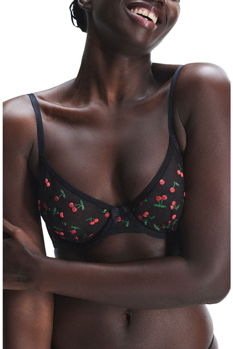 Puff Cherries Unlined Demi Bra, Main, color, BLACK CAVIAR