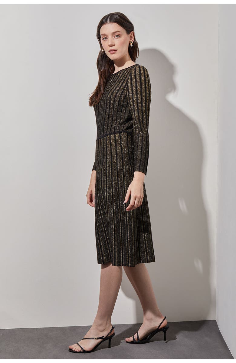 Ming Wang Knee Length A-Line Ribbed Knit Dress, Alternate, color, Black/Gold