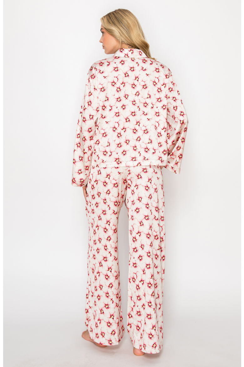 Floral Silky Satin Long Sleeve & Wide Leg Pajama Set, Alternate, color, Red Floral