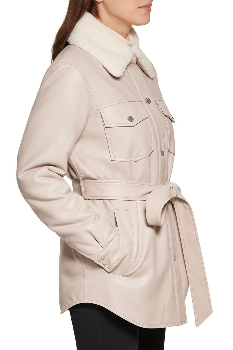 Faux Leather Tie Belt Shacket with Removable Faux Shearling Collar, Alternate, color, BONE