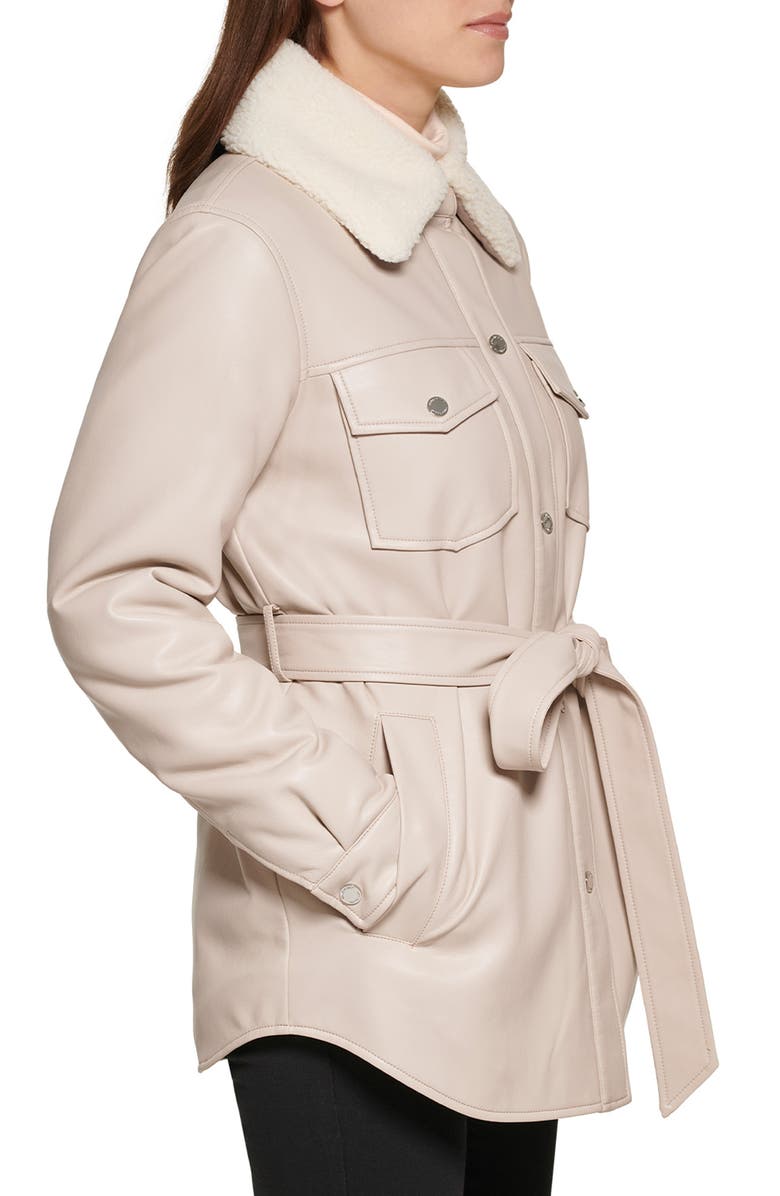 Kenneth Cole Faux Leather Tie Belt Shacket with Removable Faux Shearling Collar, Alternate, color, Bone