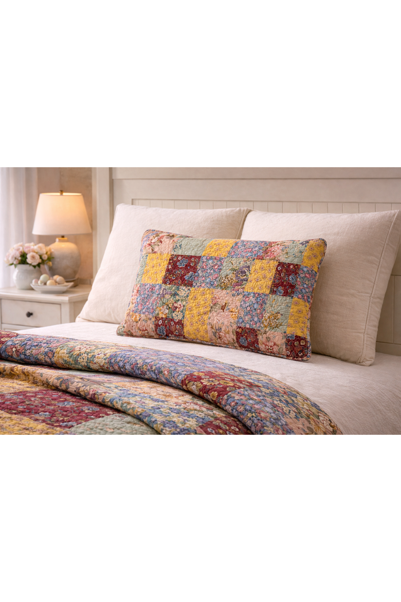 Floria Multicolor Patchwork Flowers 100% Cotton Standard Pillow Sham 20" x 26", Alternate, color, Yellow