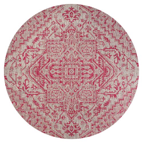 Jonathan Y Estrella Bohemian Medallion Textured Weave Indoor/outdoor Round Area Rug In Light Gray/fuchsia