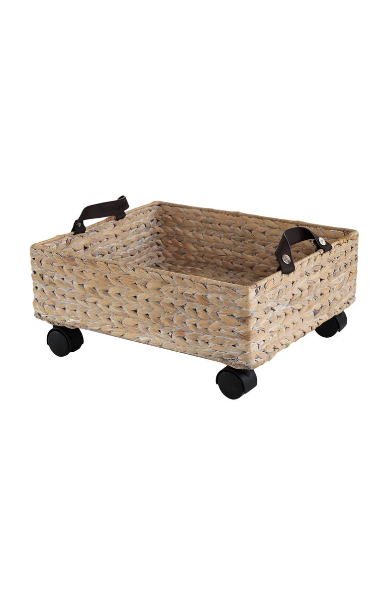 HAPPIMESS Adaline 18.11" Classic Farmhouse Handwoven Hyacinth Rectangular Underbed Storage Bin with Wheels and Handles, Main, color, White Wash