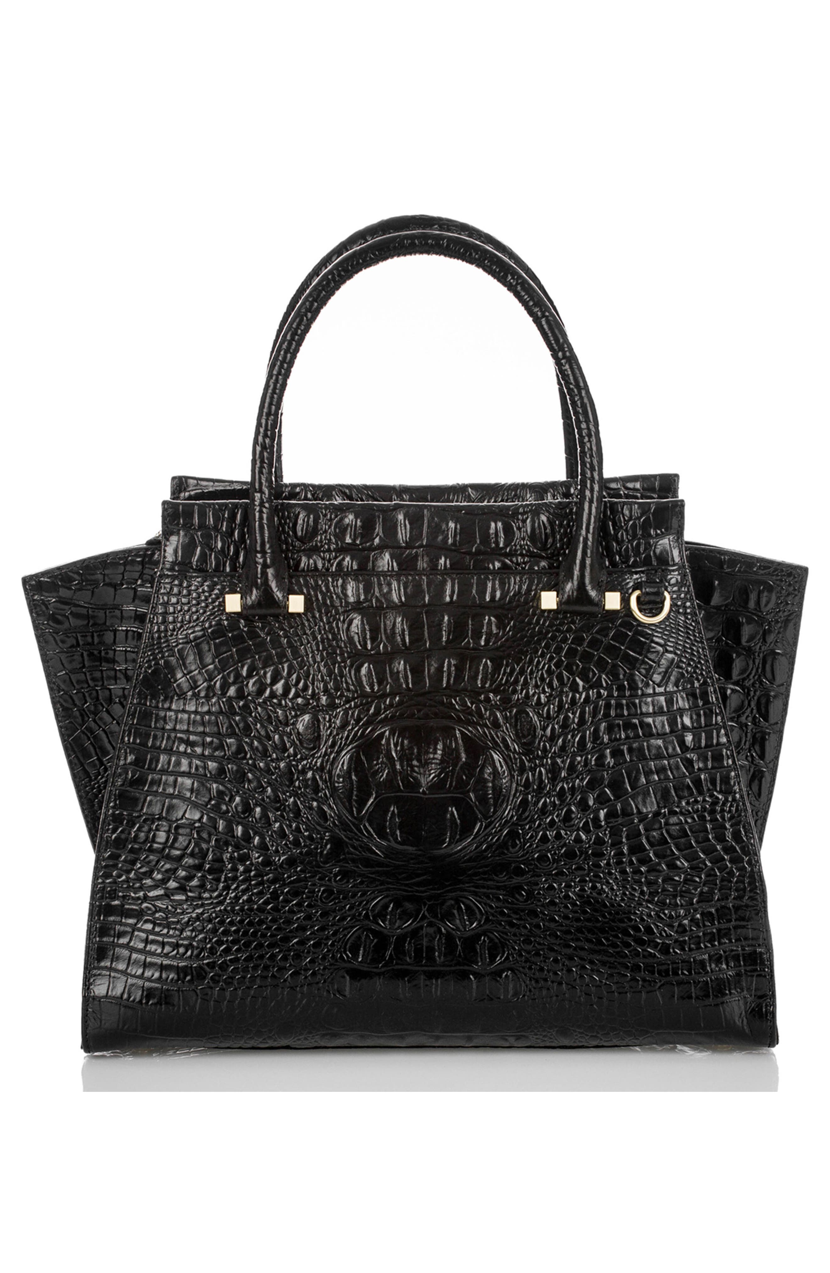 'Priscilla' Croc Embossed Leather Satchel, Alternate, color, BLACK