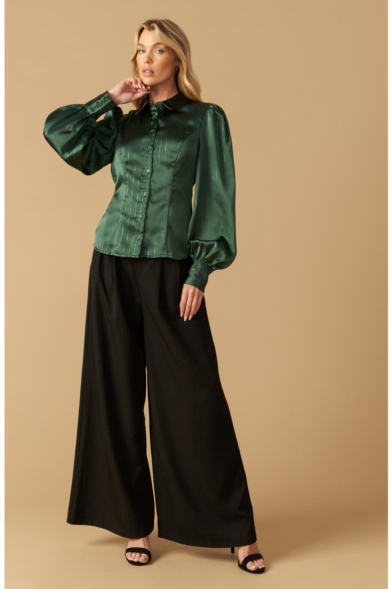 Long Sleeve Satin Button-Up Shirt, Alternate, color, EMERALD