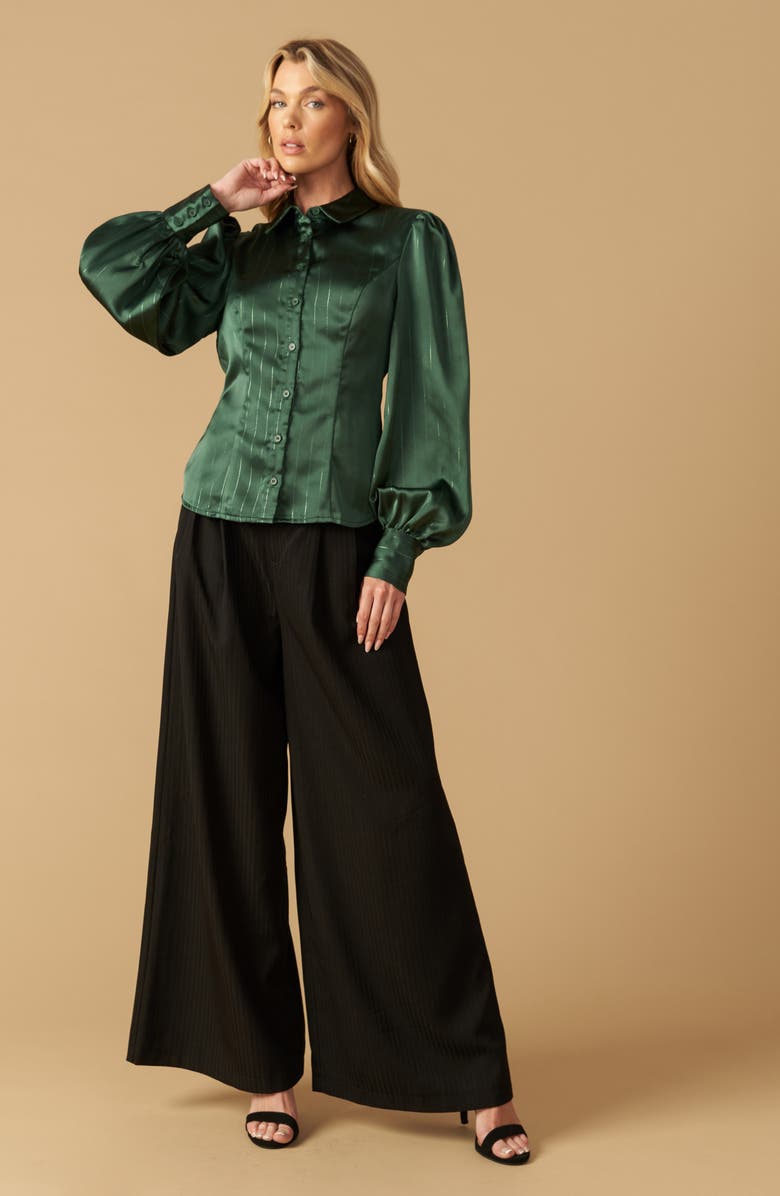 FLYING TOMATO Long Sleeve Satin Button-Up Shirt, Alternate, color, Emerald