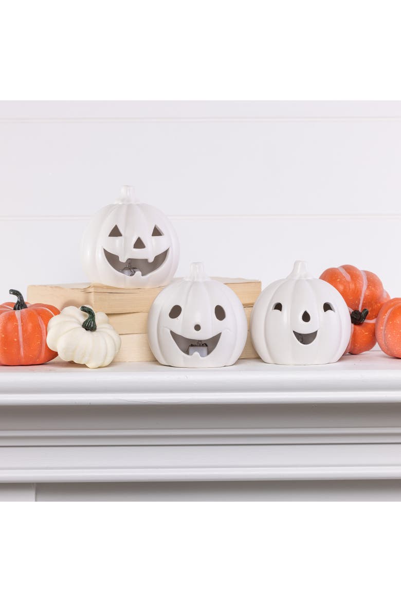 Ceramic Light Up Jack-O-Lantern Set of 3, Alternate, color, White