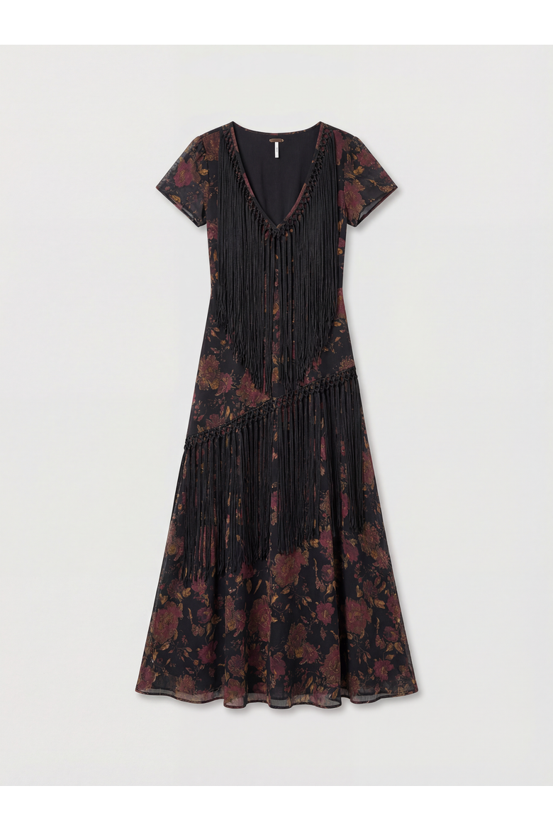 Floral Chiffon Fringe Maxi Dress, Alternate, color, Black