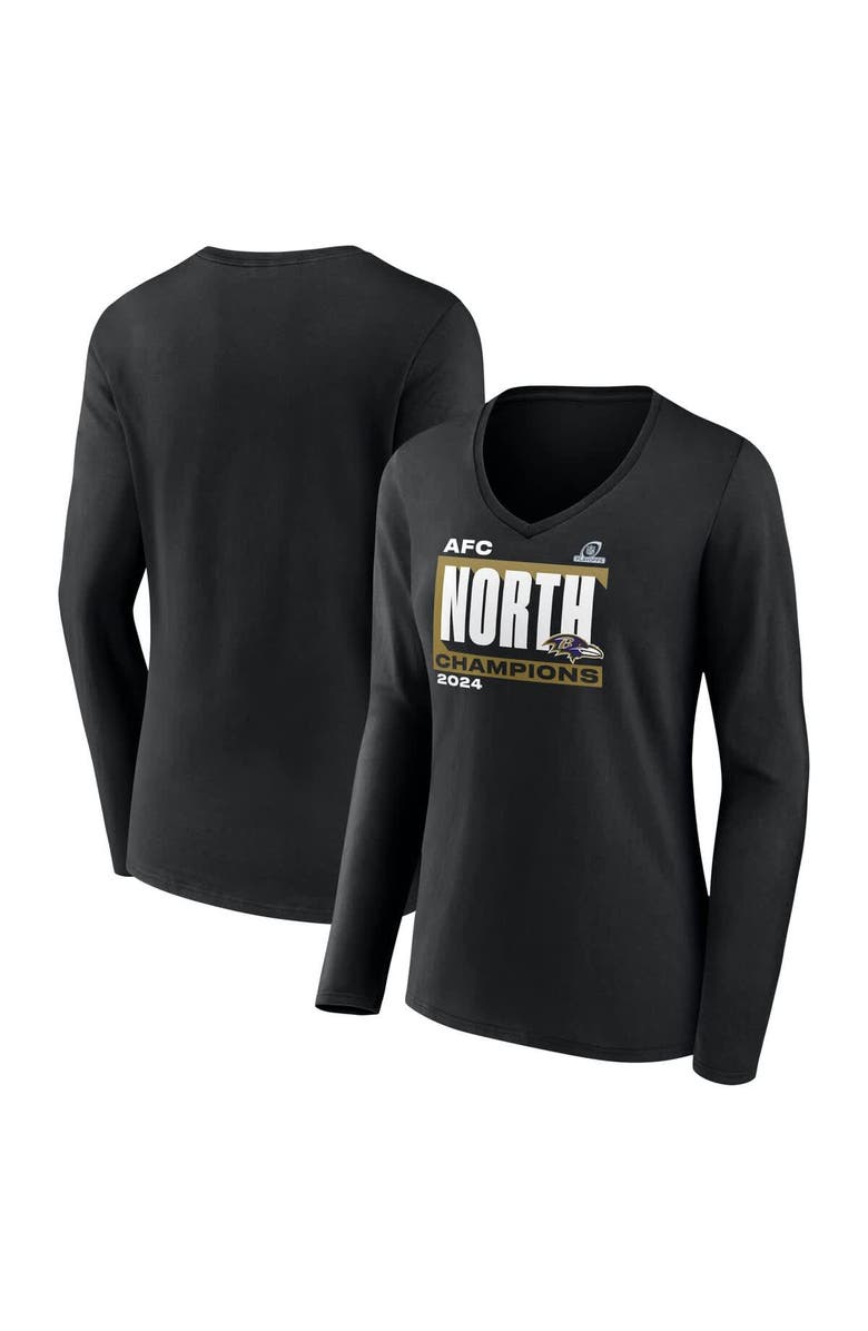 FANATICS Women's Fanatics Black Baltimore Ravens 2024 AFC North Division Champions Conquer Long Sleeve V-Neck T-Shirt, Main, color, 