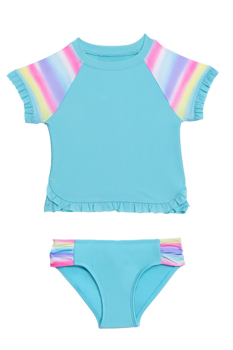 Little Girls Shortsleeve Ruffle Rashguard 2-Piece Swimwear Set, Main, color, Brush Stroke Stripe