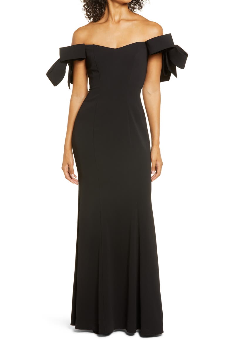 Off the Shoulder Bow Sleeve Mermaid Gown, Main, color, BLACK