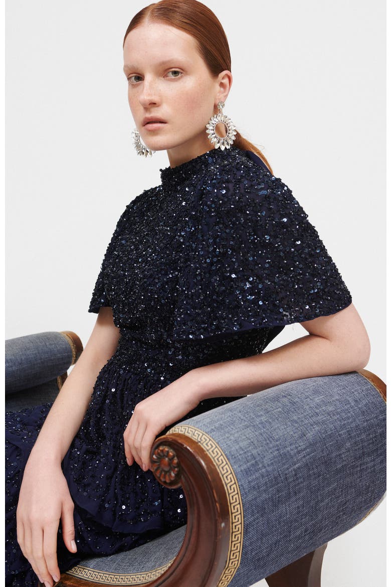 Occasion Embellished Sequin Beaded Evening Midi Dress, Alternate, color, MID NIGHT BLUE