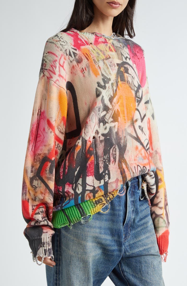R13 Graffiti Print Distressed Cotton Sweater, Alternate, color, 