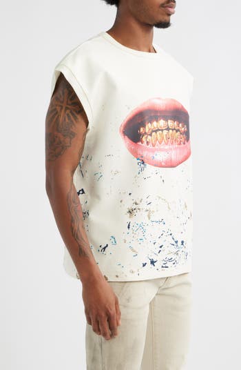 Sleeveless Textured Cotton Jersey Graphic T-Shirt