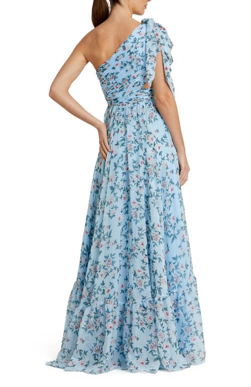 Mac Duggal One Shoulder Floral Chiffon Gown In Aqua Multi