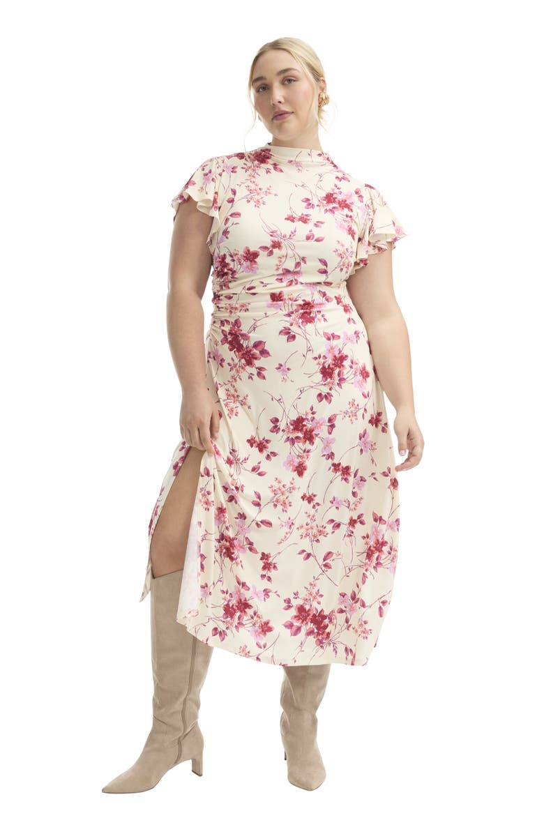 June + Vie Gathered Front Midi Dress, Main, color, Floral Vines