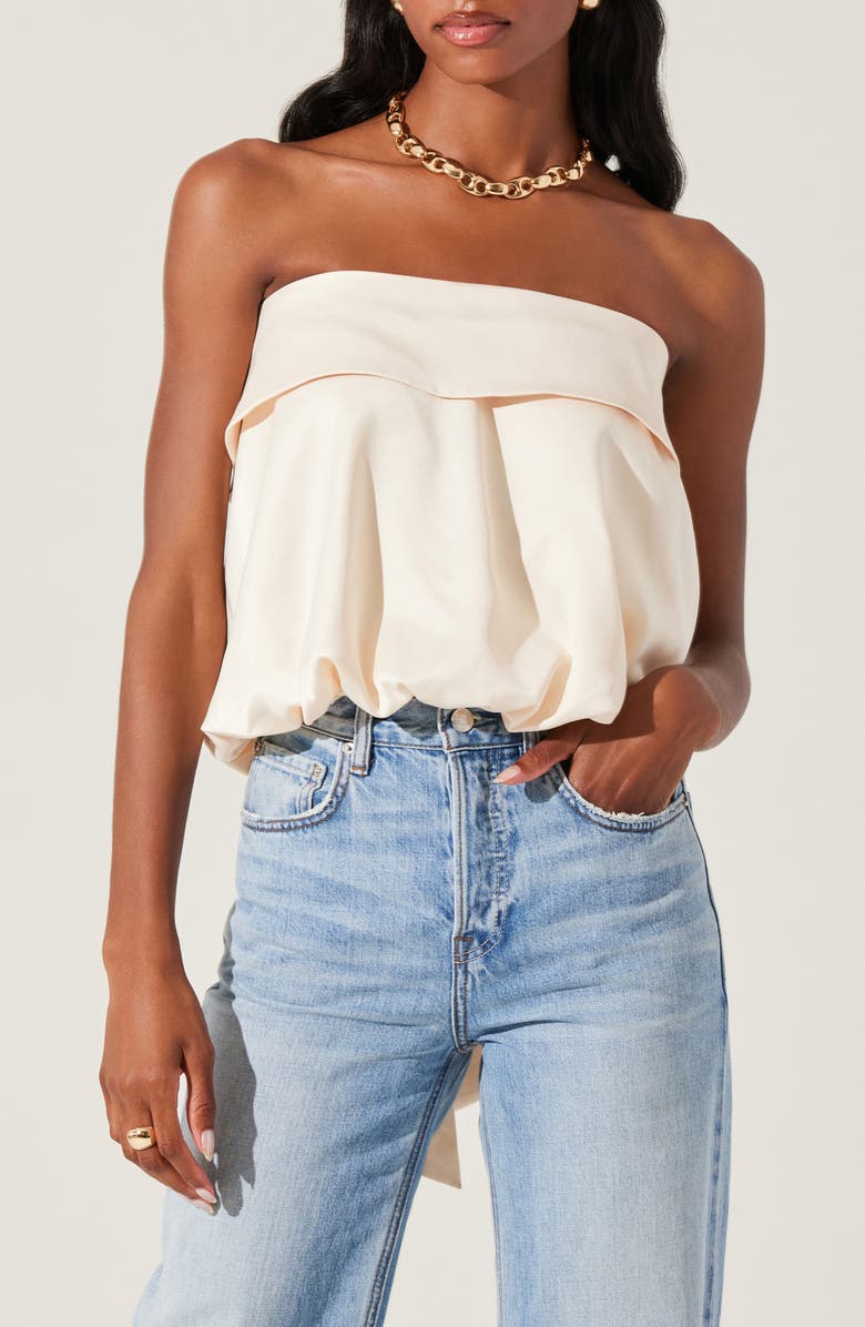 ASTR the Label Khloe Strapless Bow Bubble Hem Top, Main, color, Champagne