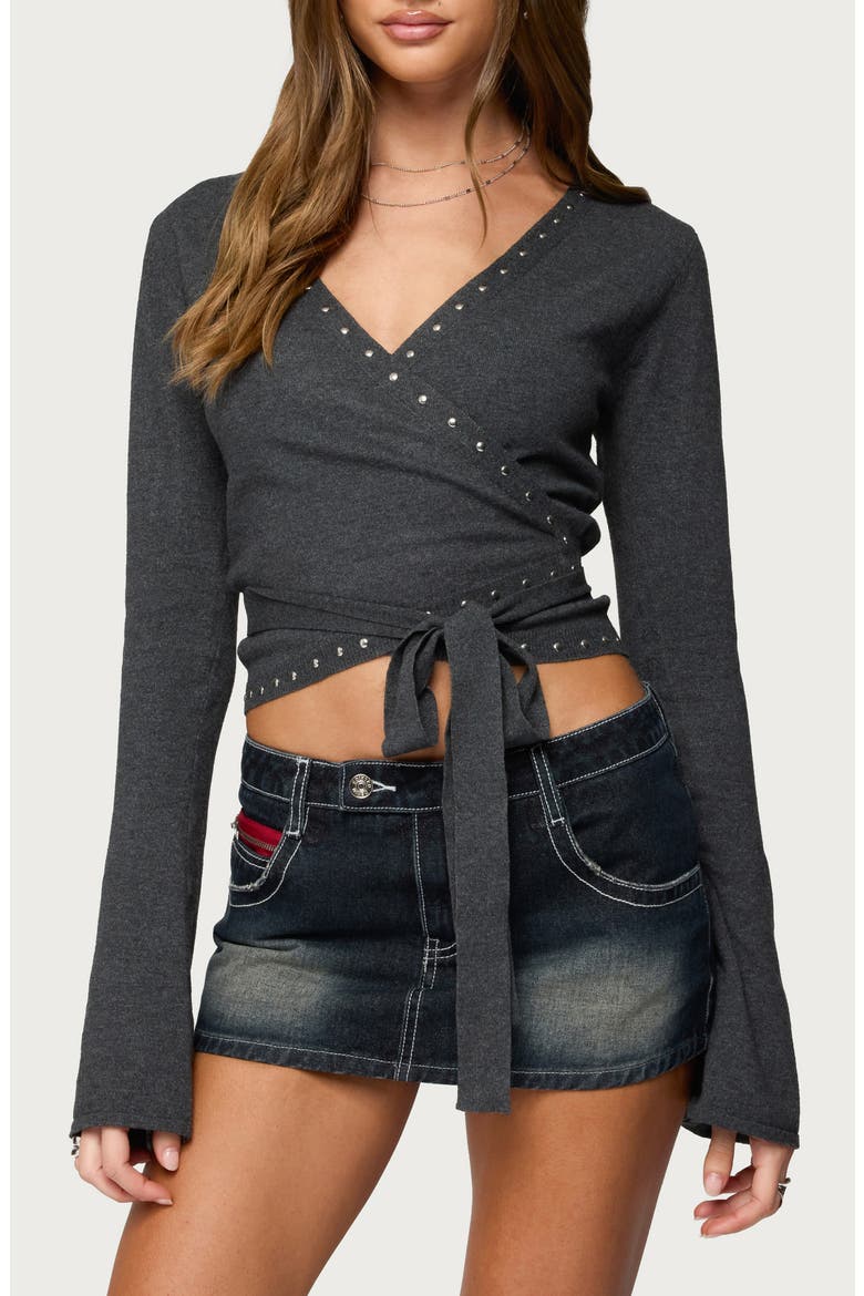 Roccia Stud Wrap Crop Top, Main, color, DARK GRAY MELANGE