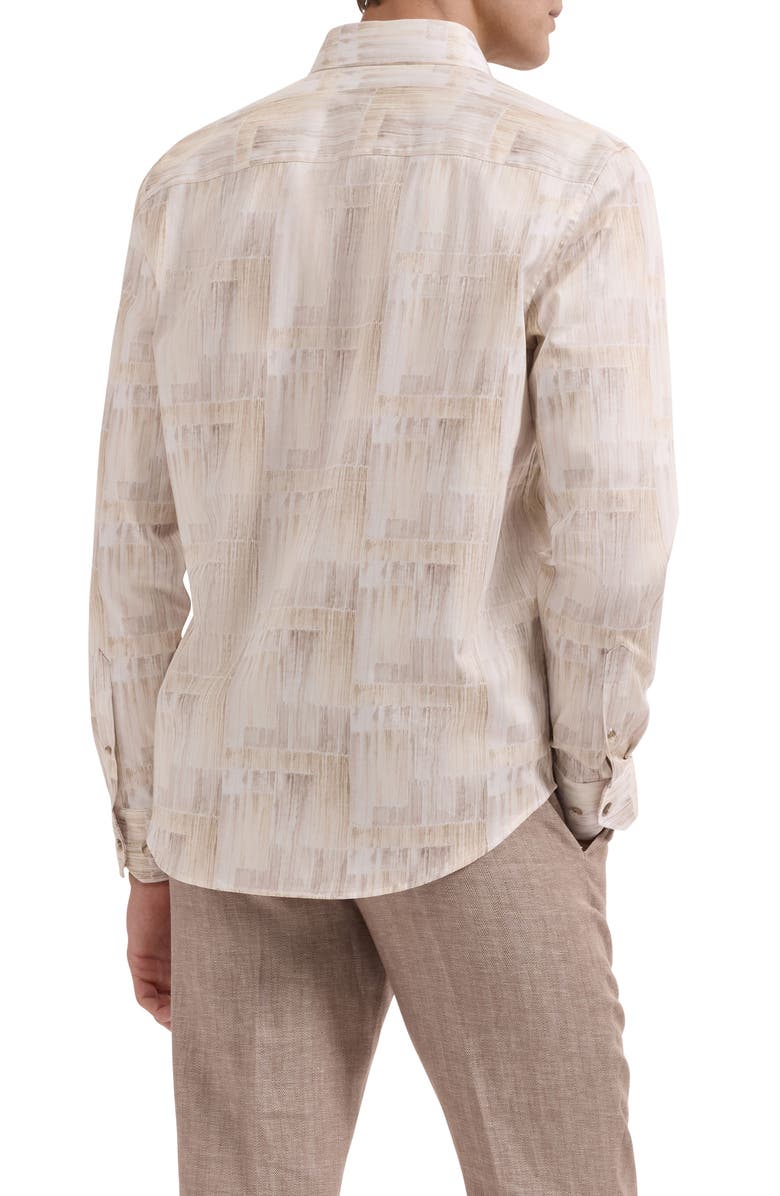 Bugatchi Julian Shaped Fit Brushstroke Print Stretch Cotton Button-Up Shirt, Alternate, color, Almond