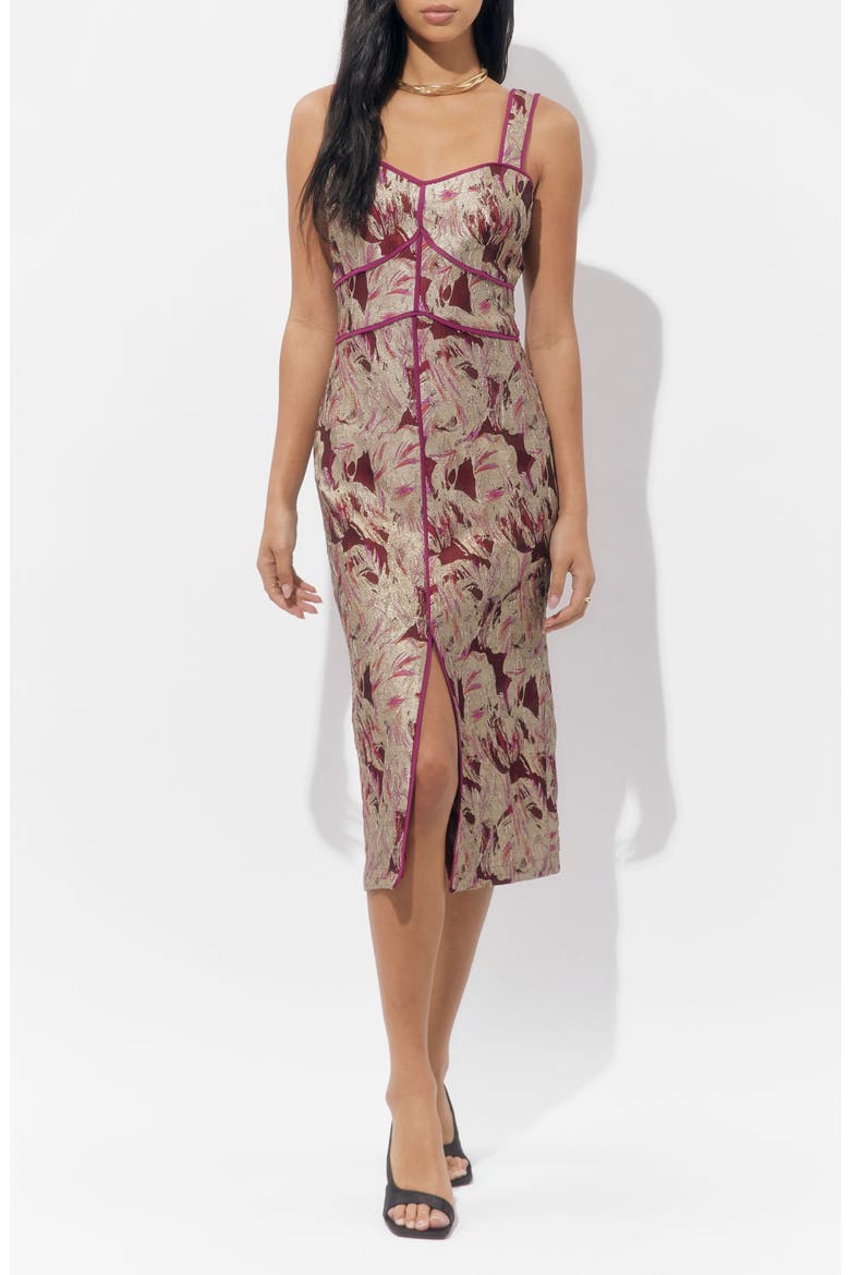 Ella Jacquard Midi Dress, Alternate, color, BURGUNDY/ GOLD