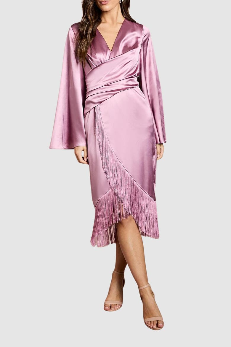 V-Neck Fringe Wrap Midi Dress, Alternate, color, Rose