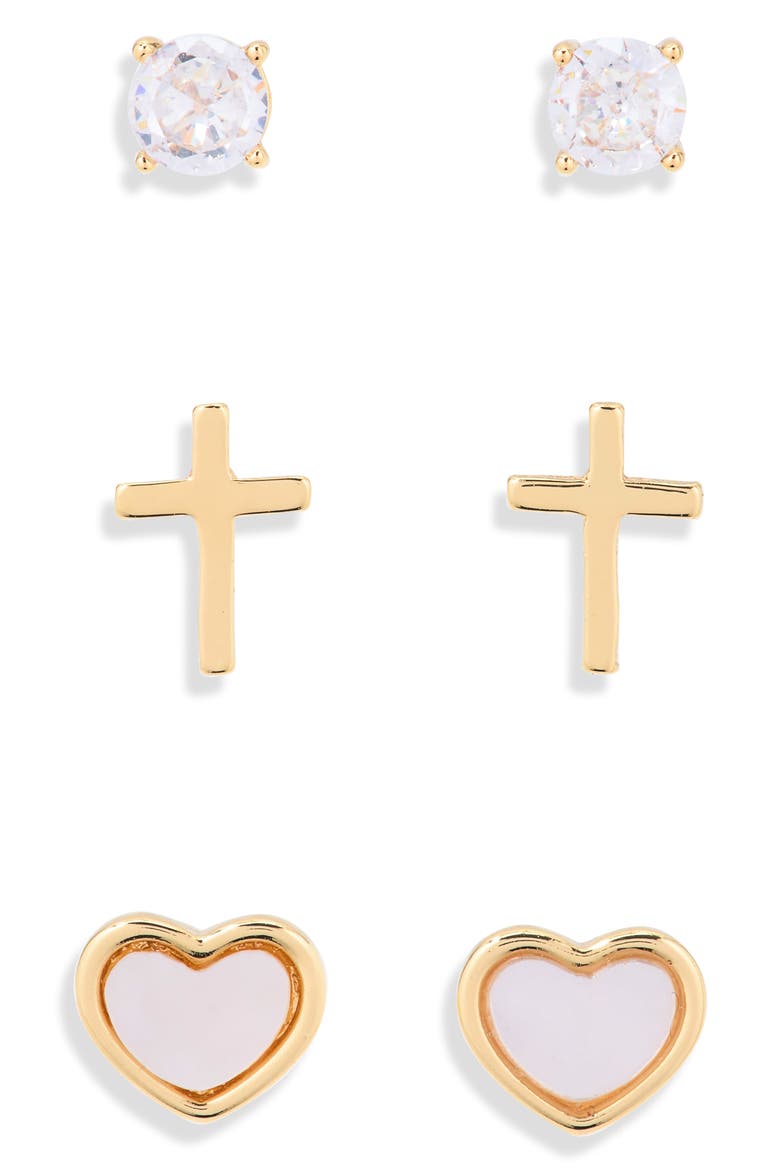 Set of 3 Cubic Zirconia Faith Stud Earrings, Alternate, color, CLEAR- GOLD