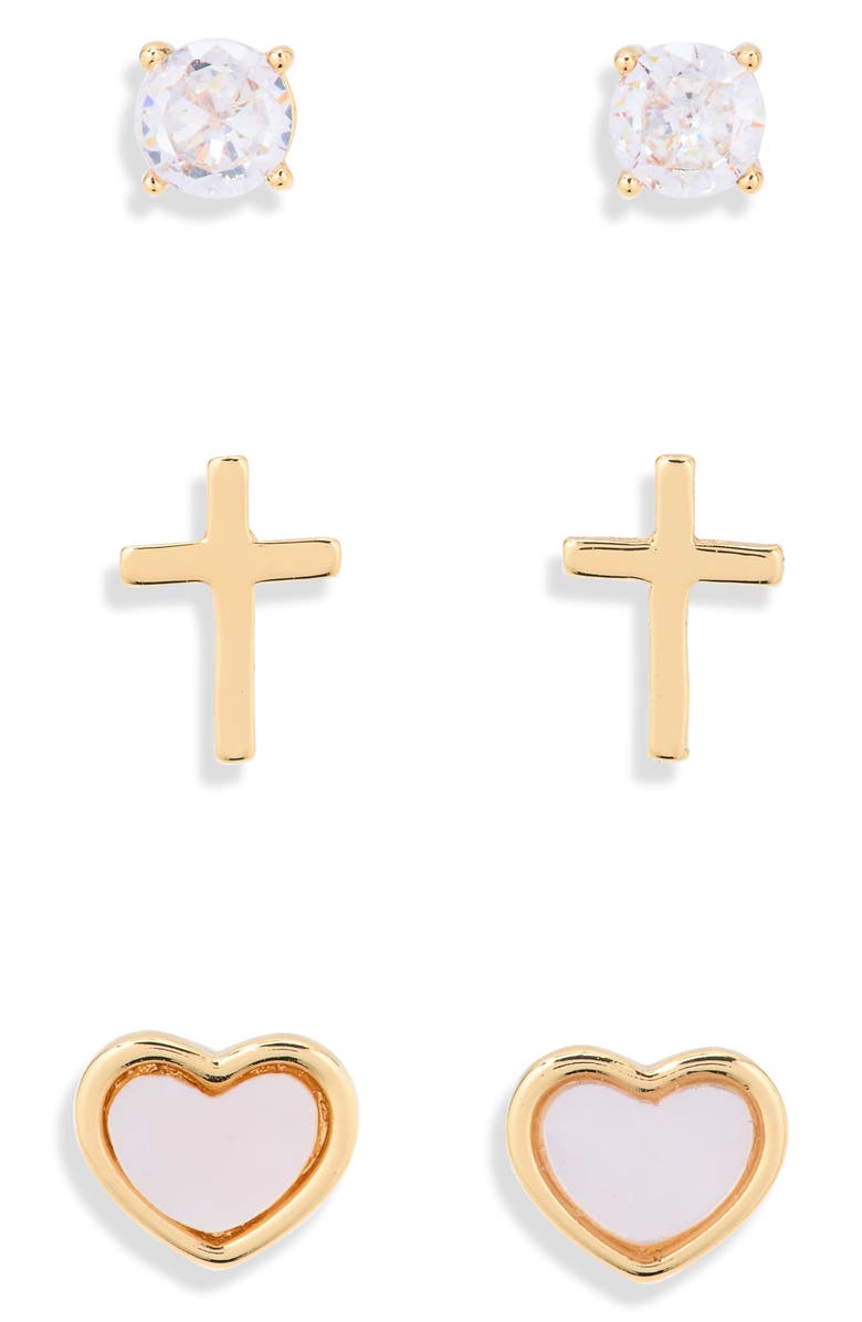 Leith Set of 3 Cubic Zirconia Faith Stud Earrings, Alternate, color, Clear- Gold