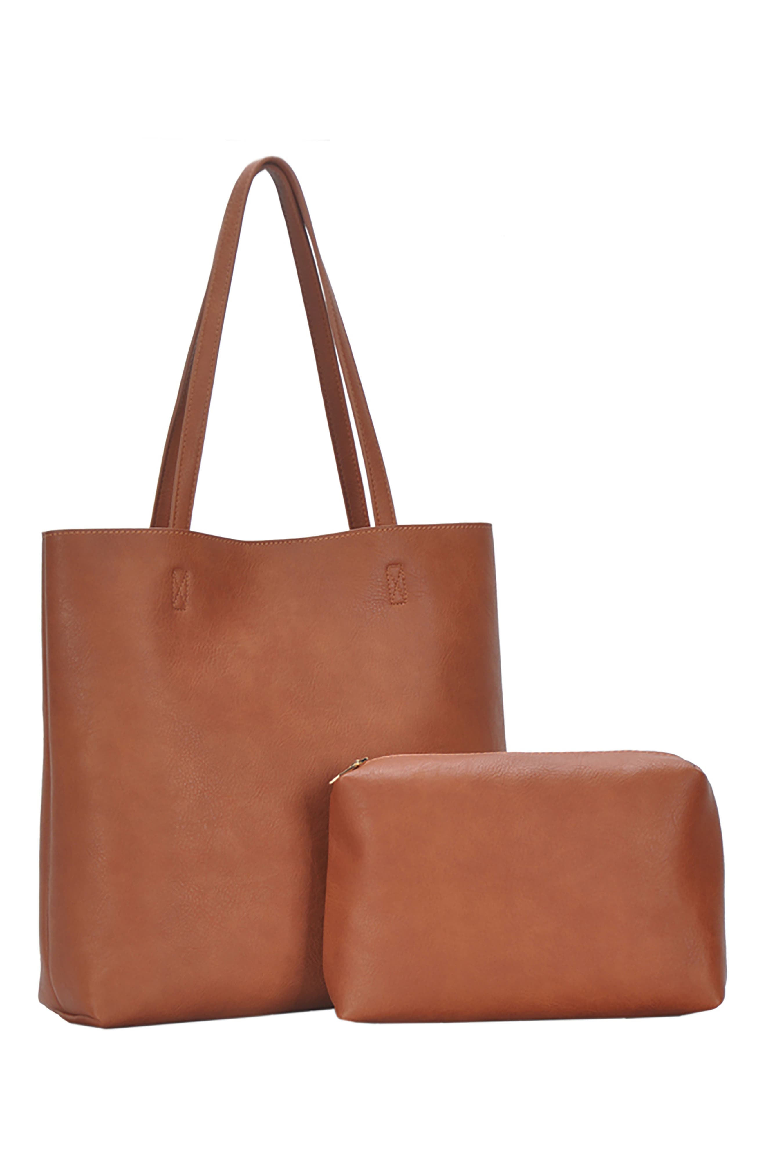 Faux Leather North/South Tote with Removable Pouch, Alternate, color, TAN