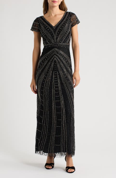 Beaded Cap Sleeve A-Line Gown