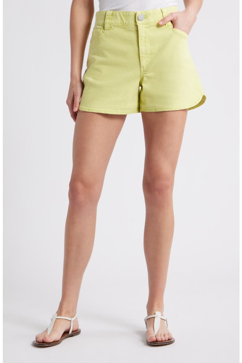 Skyrise Dolphin Hem Denim Shorts, Main, color, LM-LIME