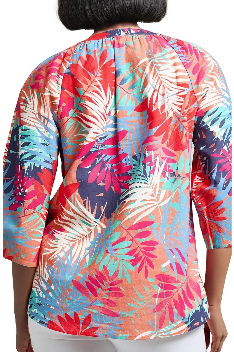 Leaf Print Linen Blend Popover Top, Alternate, color, CORAL SUN MULTI