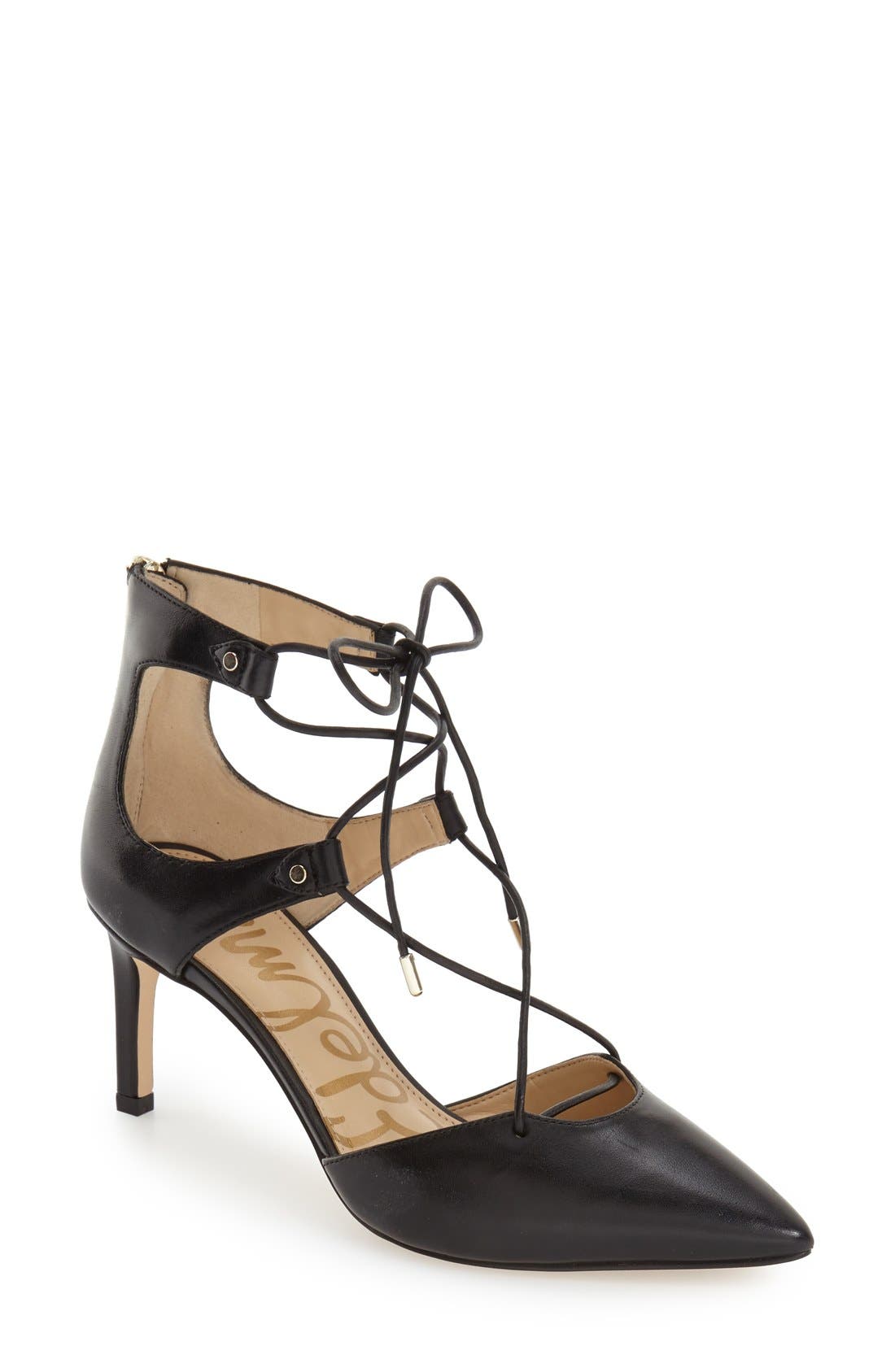 'Taylor' Ghillie Pointy Toe Pump, Main, color, BLACK/ BLACK LEATHER