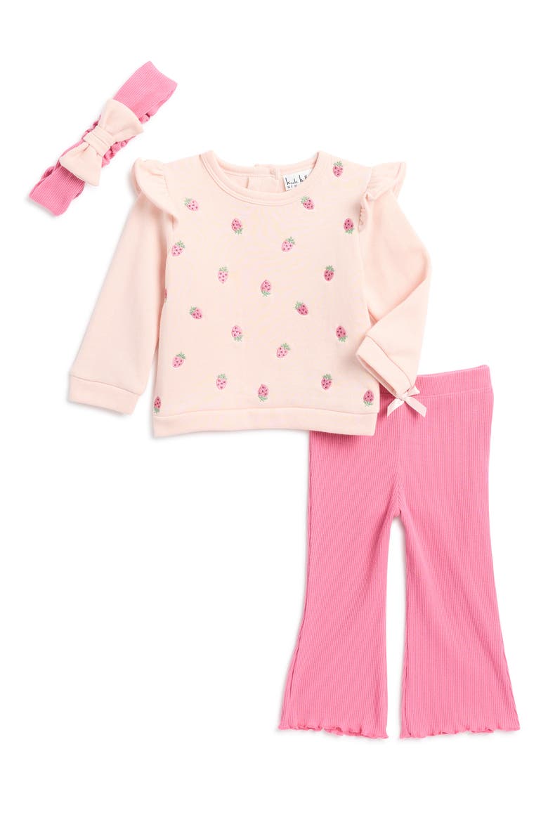 Strawberry Fleece Top, Rib Flare Pant & Headband Set, Main, color, PEACH BLUSH/CHA