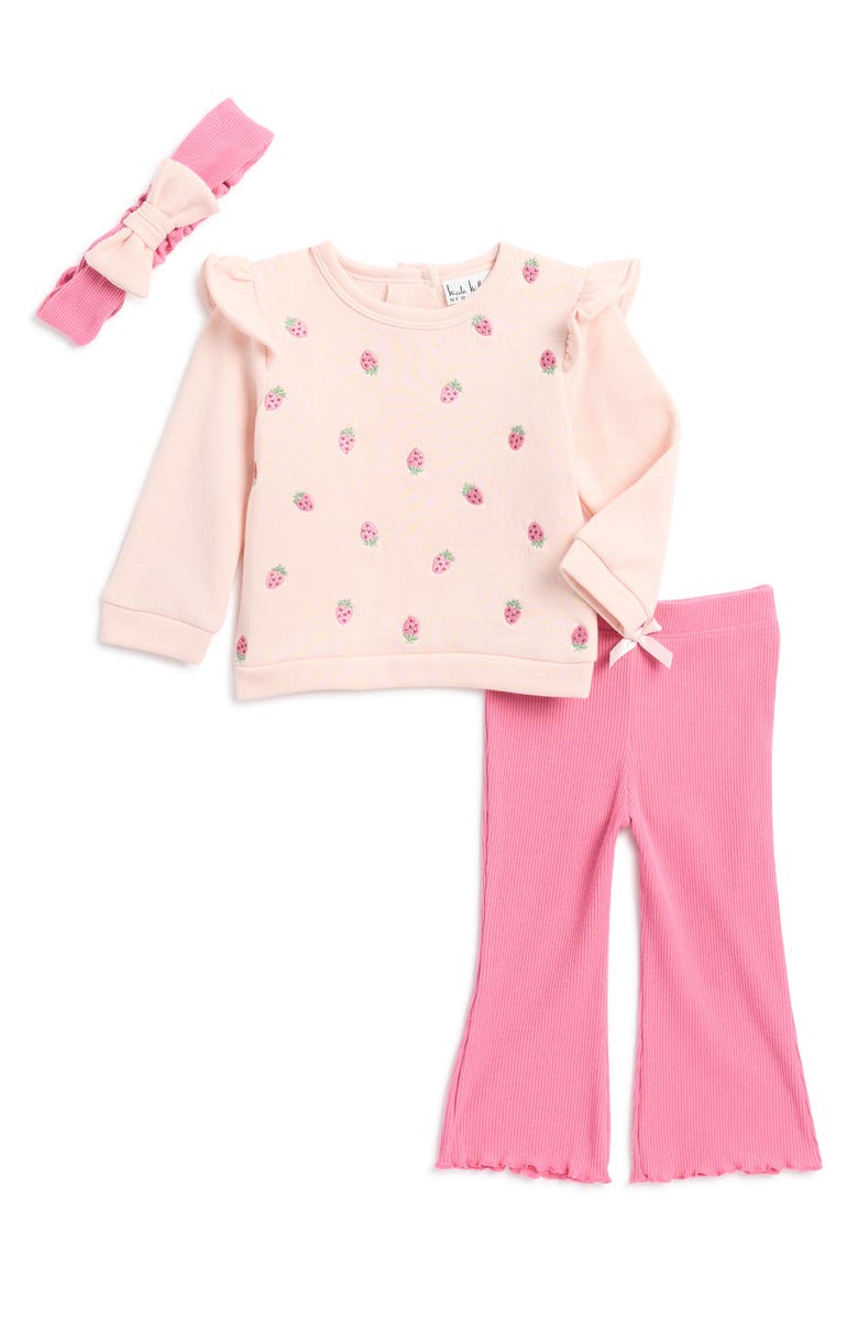 Nicole Miller Strawberry Fleece Top, Rib Flare Pant & Headband Set, Main, color, Peach Blush/Cha