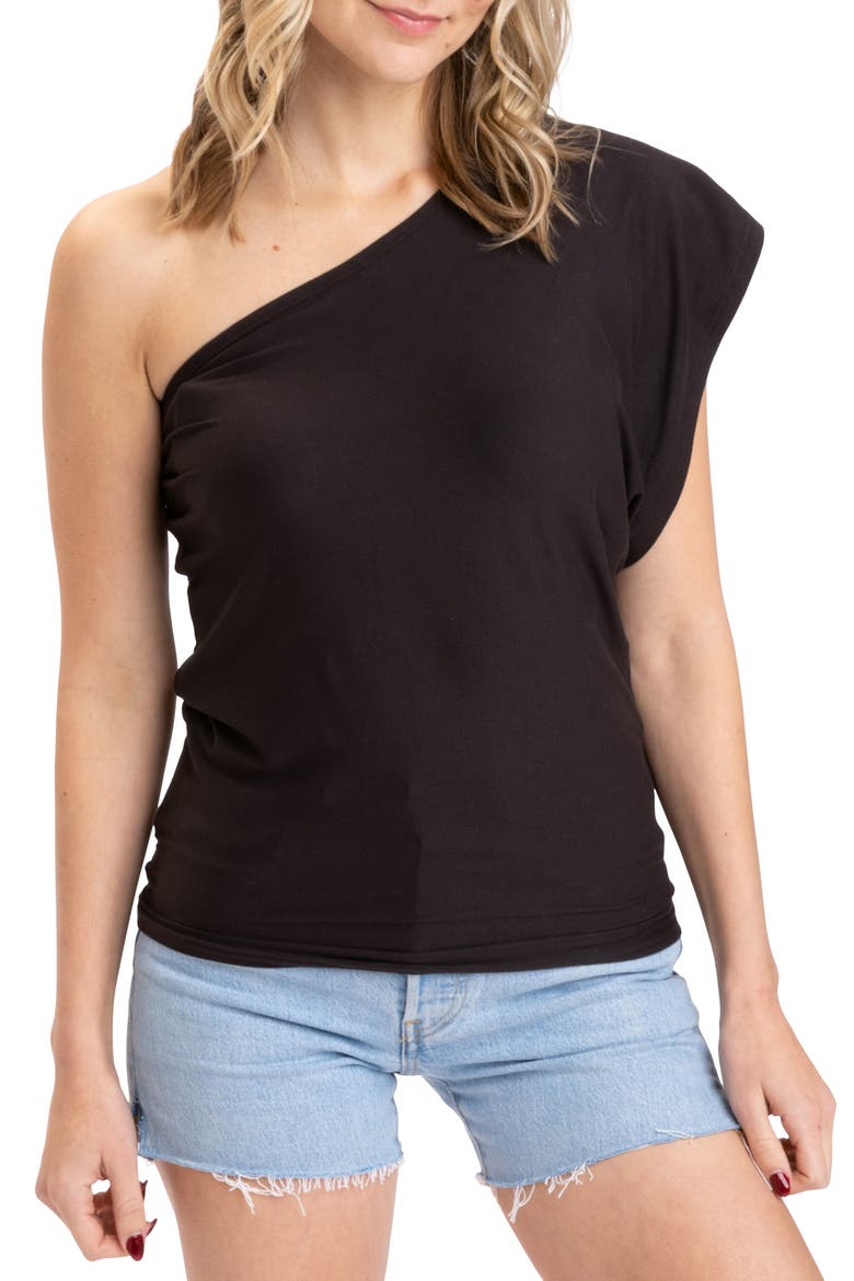 Shivani Luxe Jersey One-Shoulder Top, Main, color, BLACK