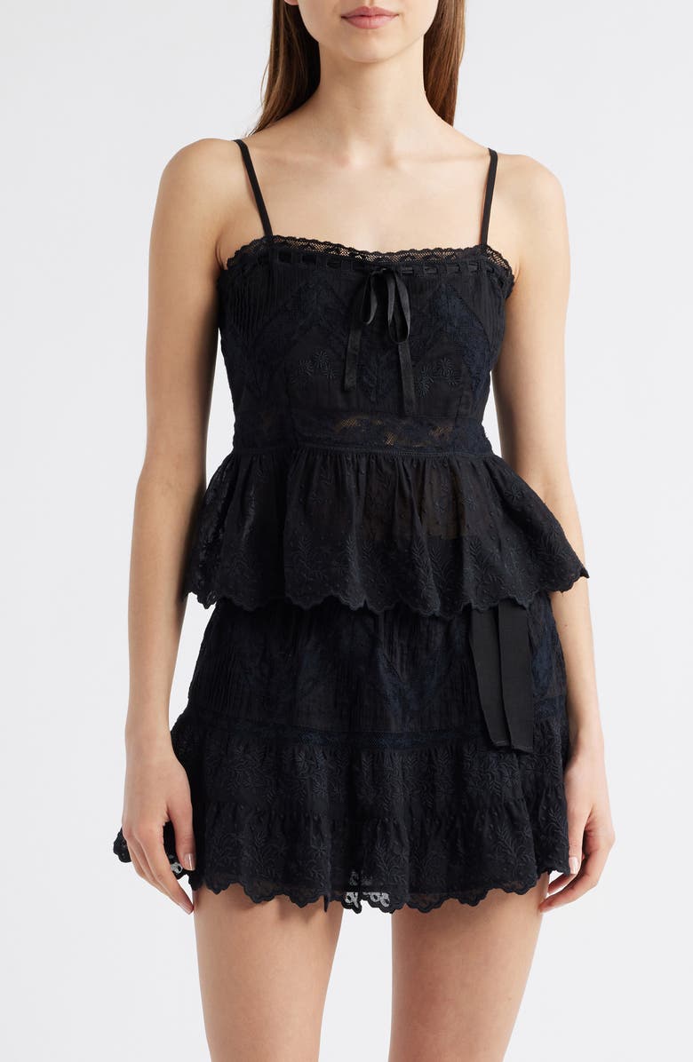LoveShackFancy Rowina Lace Ruffle Hem Camisole, Main, color, Black