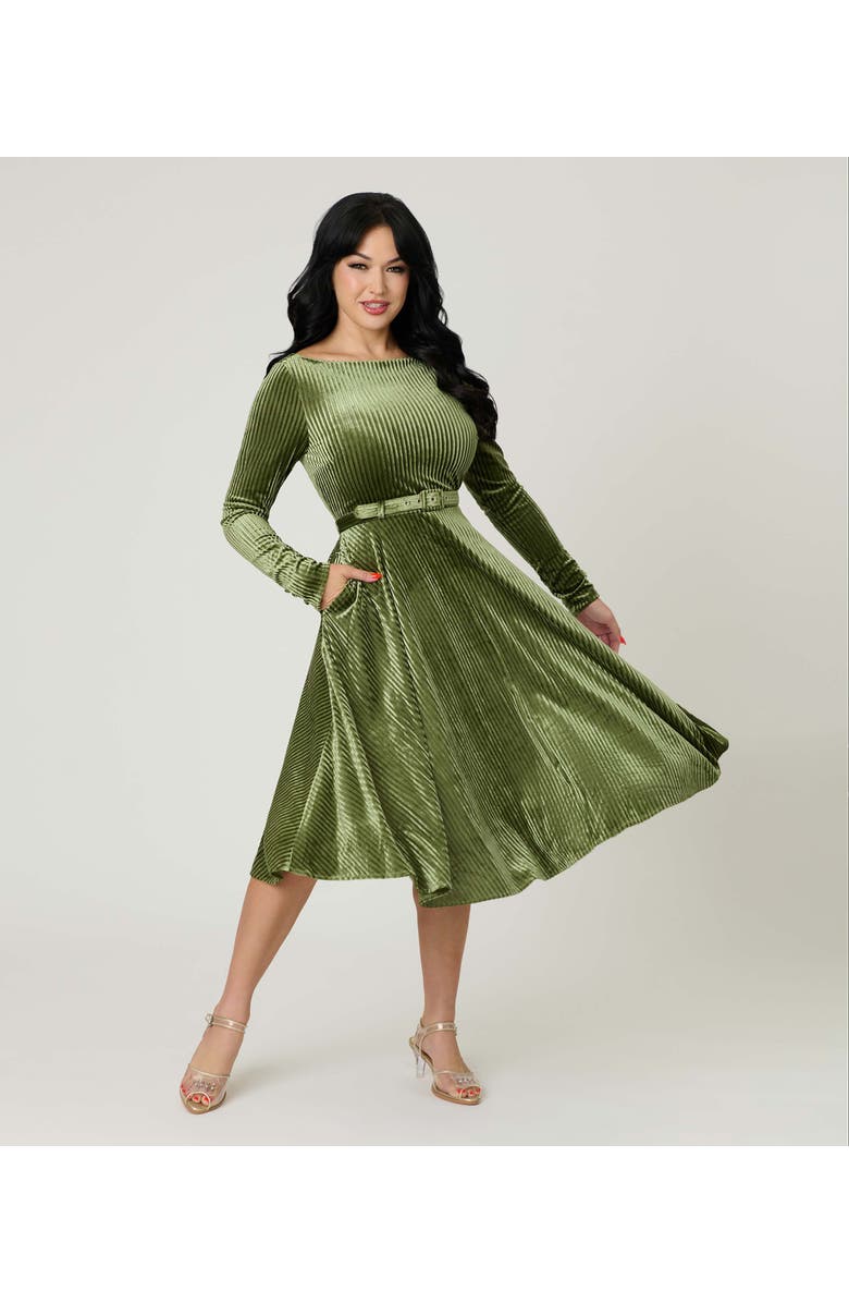 Unique Vintage Long Sleeve Belted Devon Swing Dress, Alternate, color, Olive Green