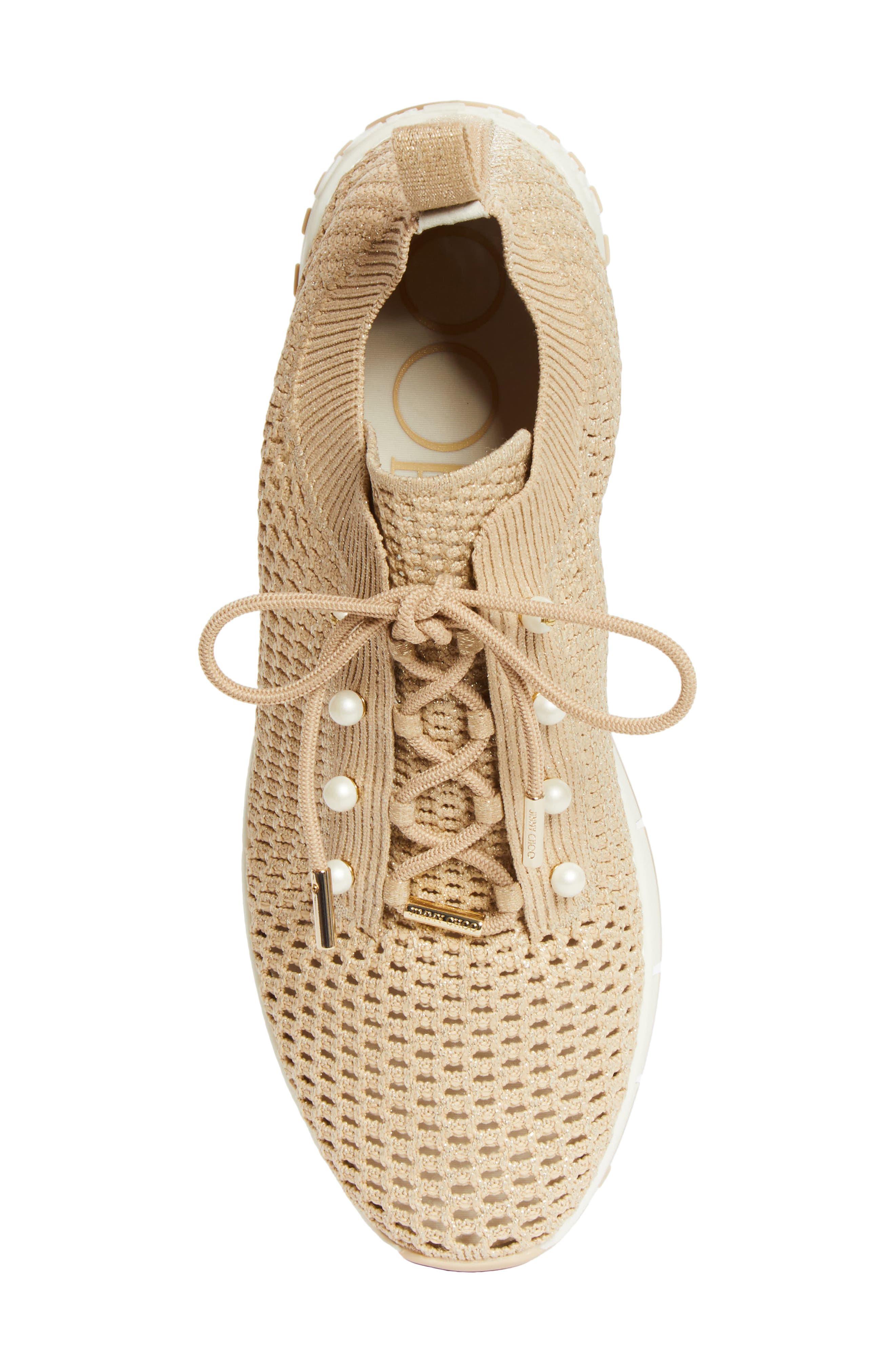 Jimmy Choo Veles Faux Pearl Shimmer Knit Sneaker, Alternate, color, Light Soft Gold Mix