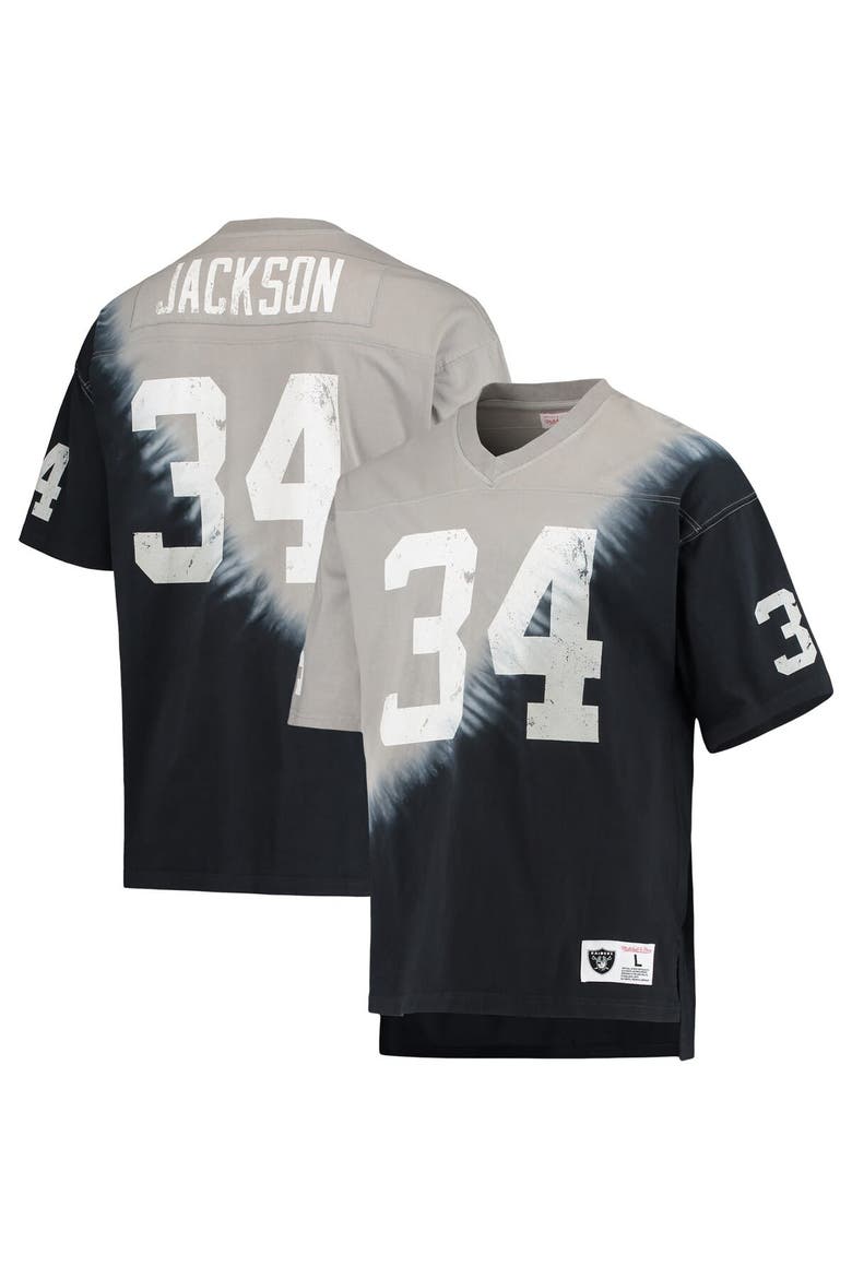 Men's Mitchell & Ness Bo Jackson Black/Silver Las Vegas Raiders Retired Player Name & Number Diagonal Tie-Dye V-Neck T-Shirt, Main, color, Black