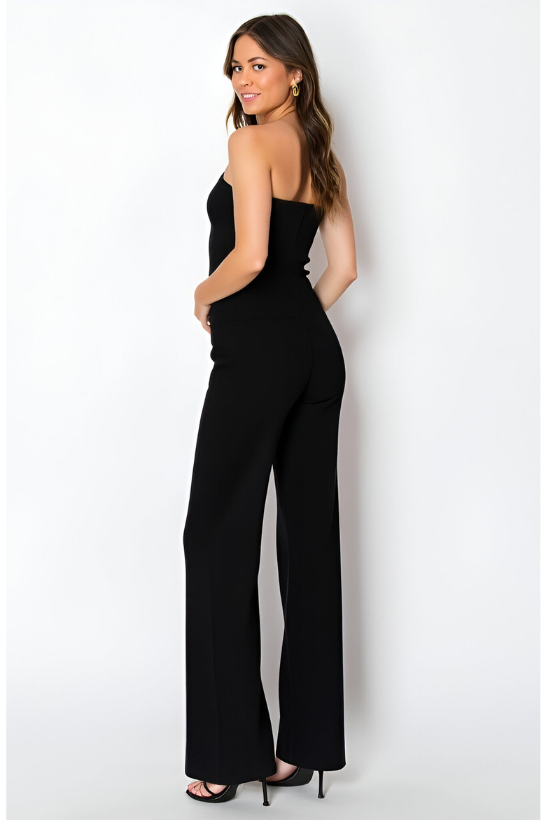 Strapless Button-Front Top and Wide-Leg Pants Set with Sleek Silhouette, Alternate, color, Black