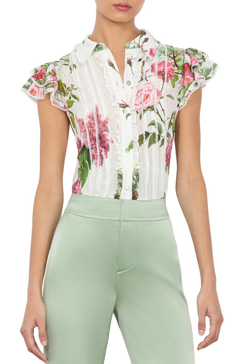 Alice + Olivia Minda Ruffle & Lace Silk Shirt, Main, color, 