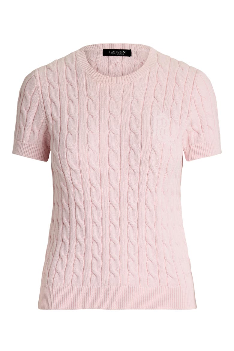 Cable Stitch Short Sleeve Cotton Sweater, Alternate, color, HINT OF PINK