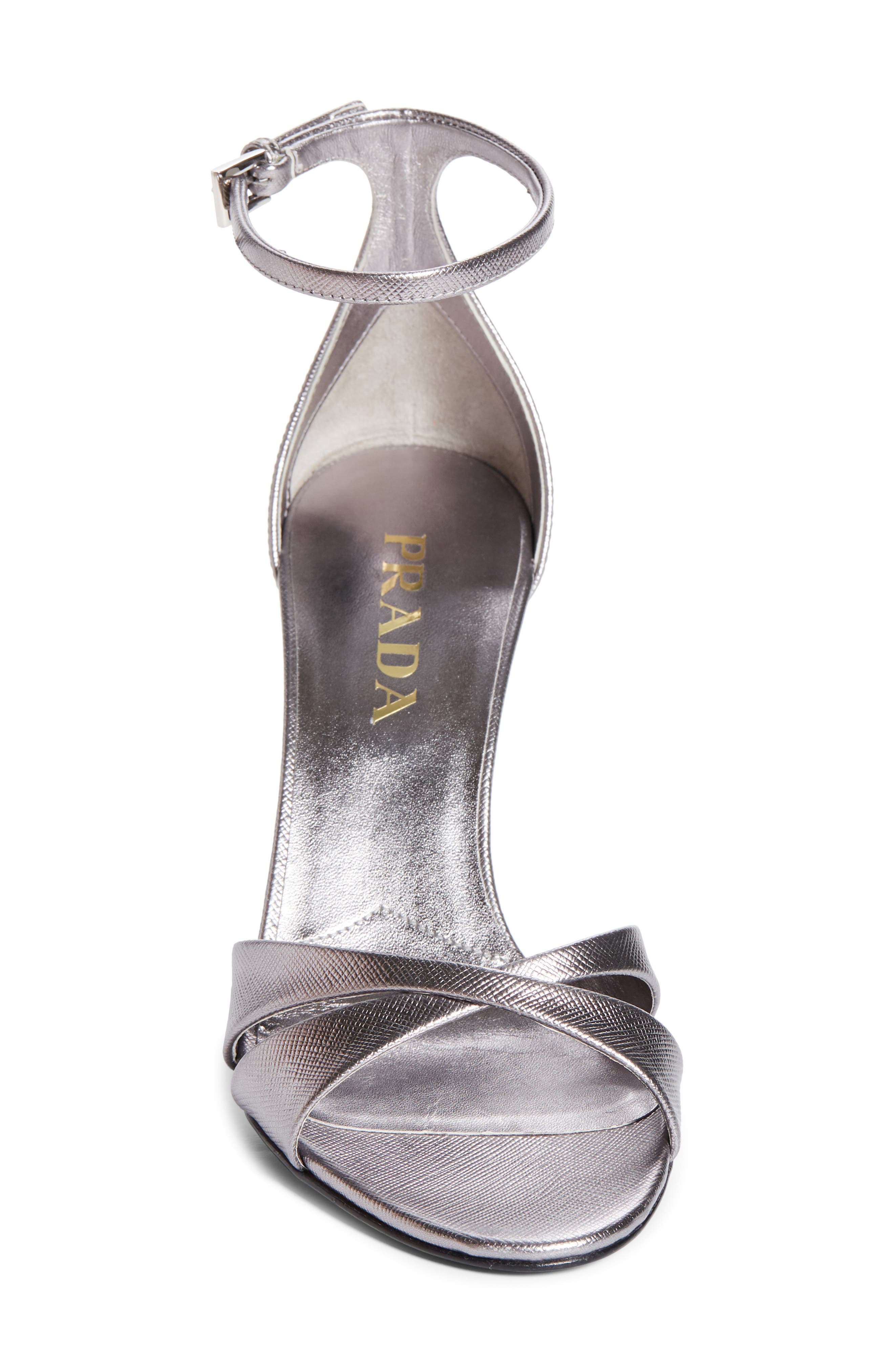 Prada Saffiano Metallic Leather Ankle Strap Sandal, Alternate, color, Cromo