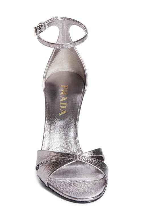 Prada Saffiano Metallic Leather Ankle Strap Sandal In Gray