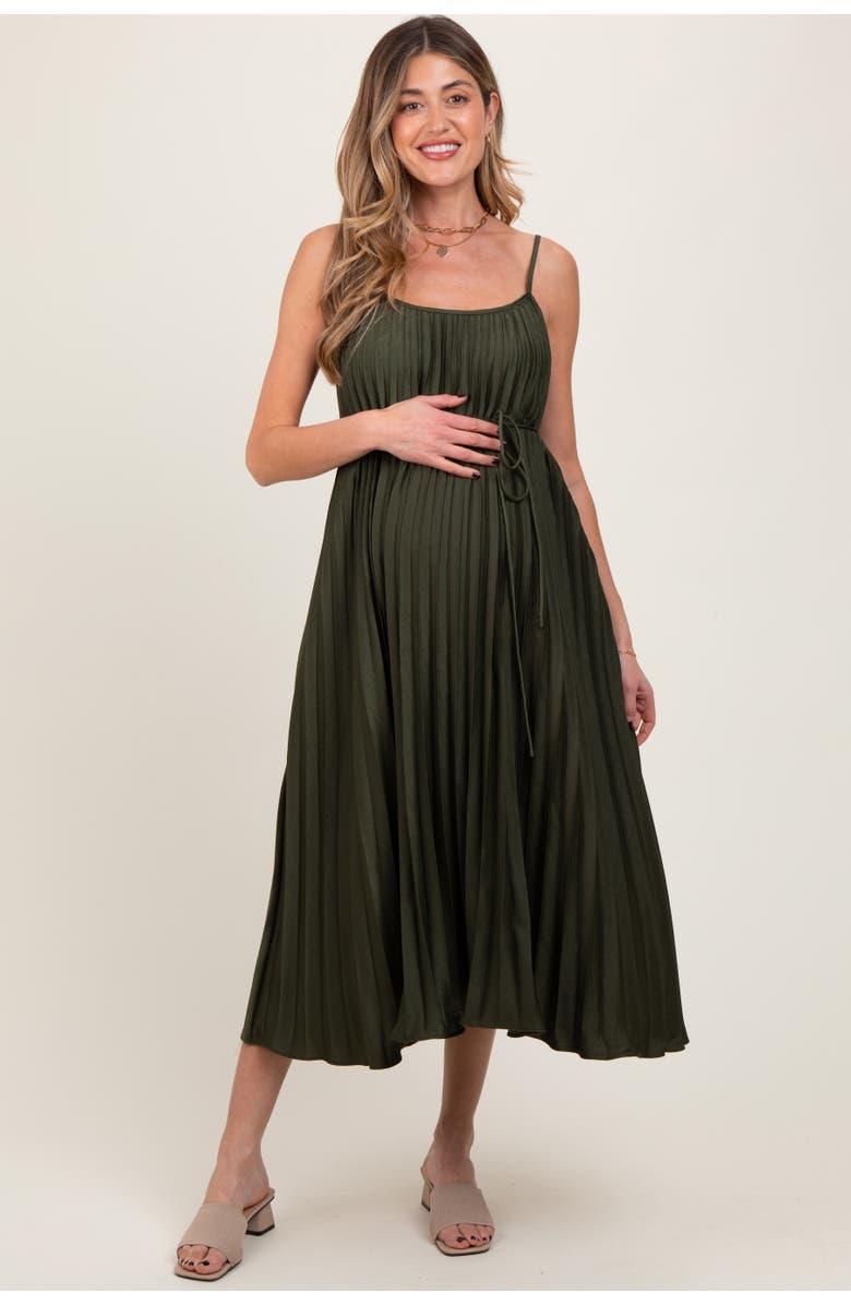 PinkBlush Pleated Sash Tie Midi Dress, Main, color, Olive Green