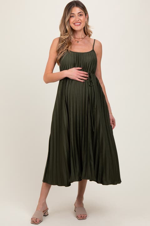 Pleated Sash Tie Midi Dress